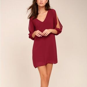 Lulu’s Shifting Dears Mini Cocktail Dress Wine Red Open Long Sleeve Size Small